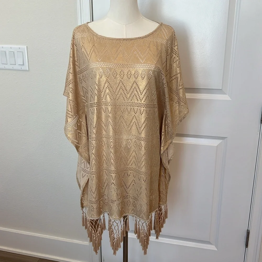 LILLY PULITZER Jerrica Mini Caftan Coverup S/M Gold Foiled Lace Tassels - Picture 2 of 7